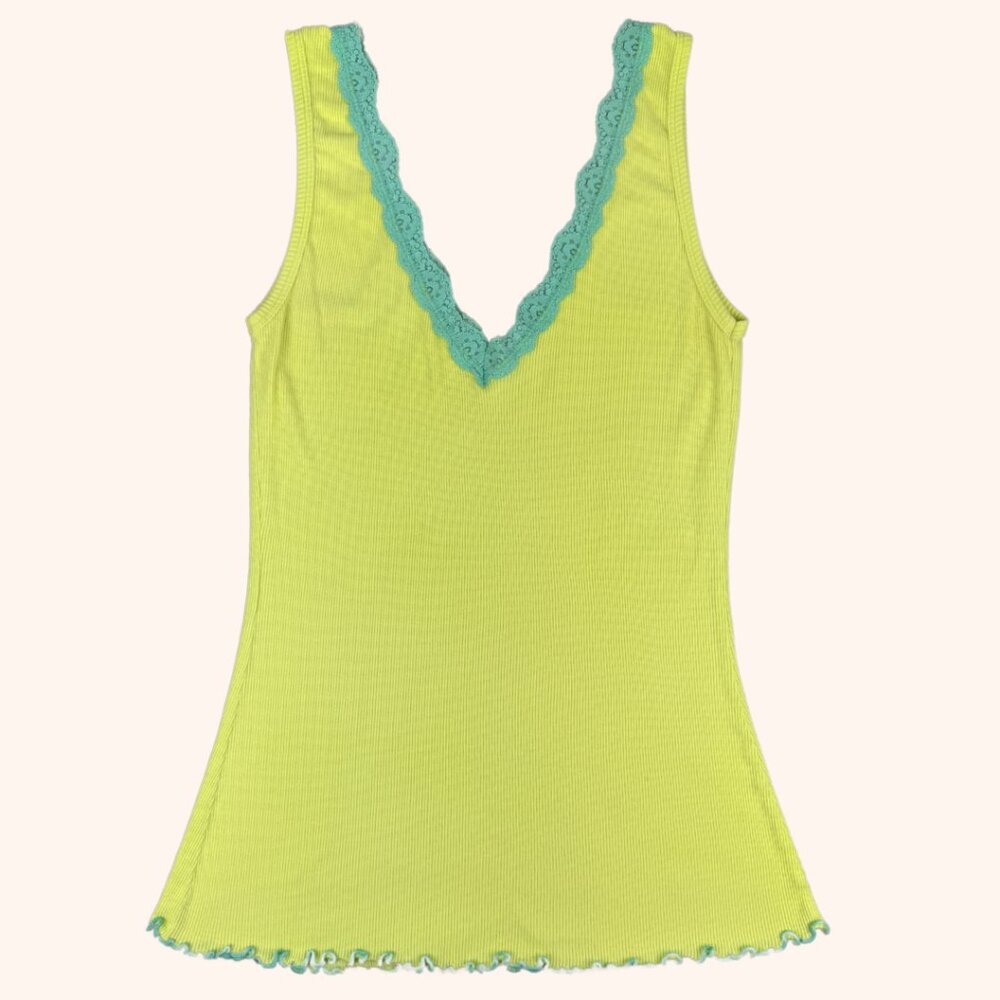 Y2K Neon Lime Green Lace Trim Tank Top Baby Cami Ruffle Lettuce Hem